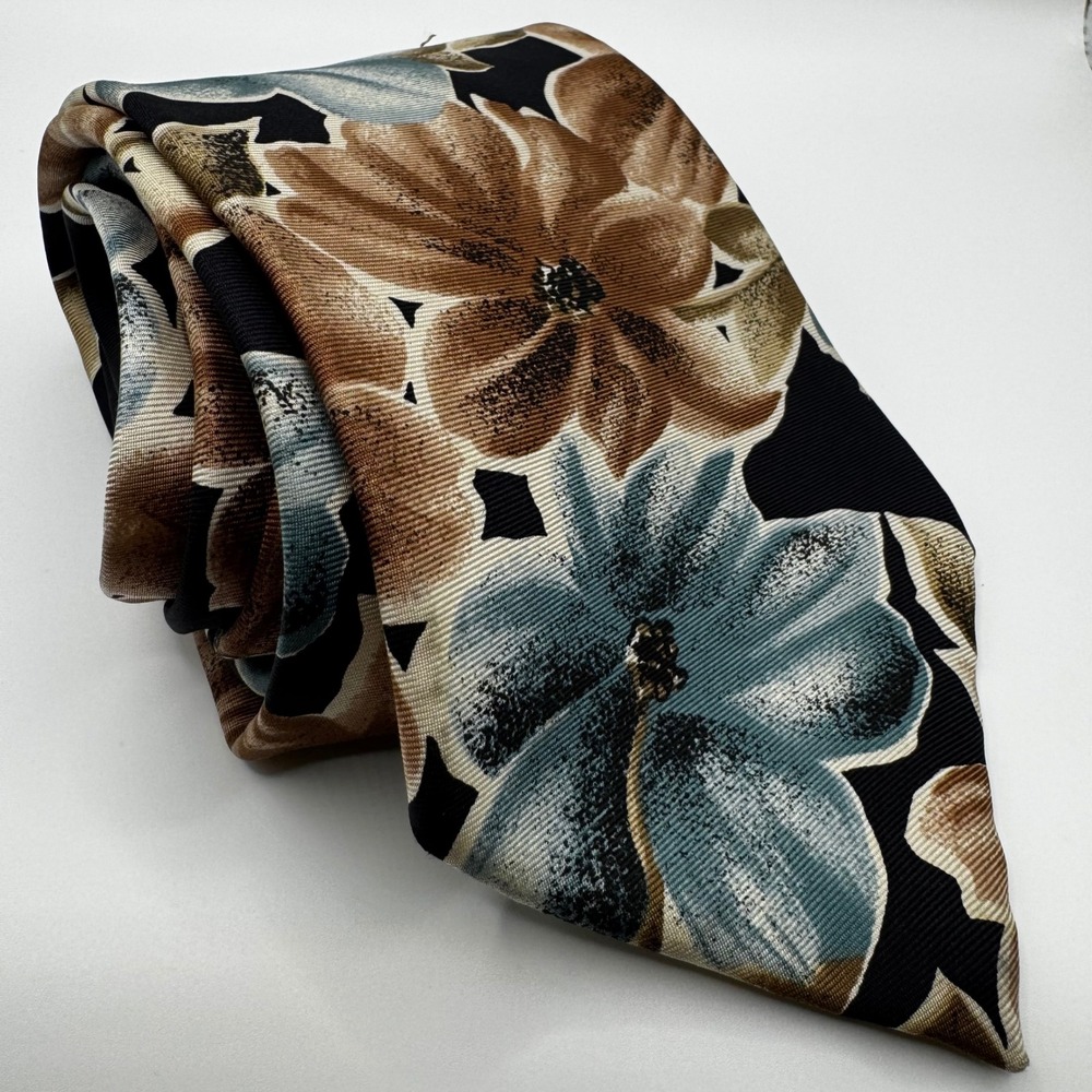 Oscar de la Renta Mens Floral Silk Tie Black Brown Blue Necktie Luxury Designer